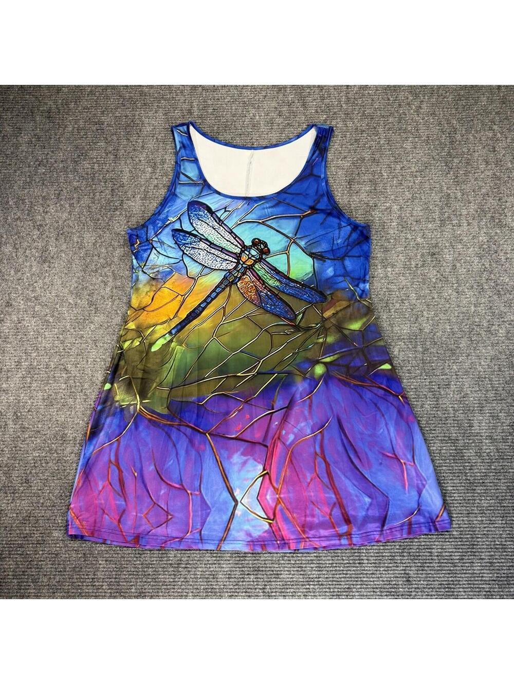 Dragonfly Multicolor Stretchy Tank Top Dress Comfy Pretty Long Mosaic Blue Pink